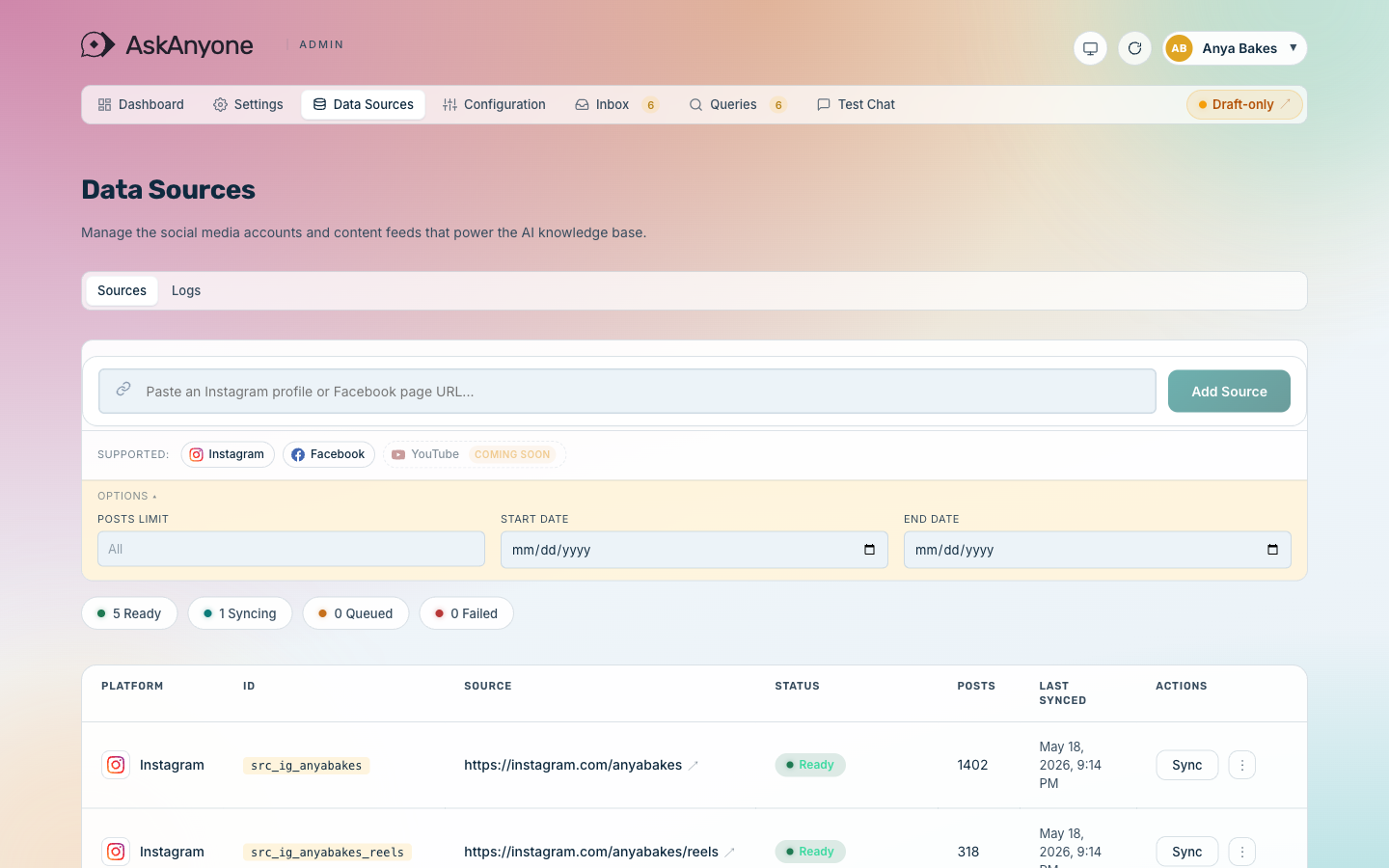 The Data Sources tab inside the AskAnyone admin, showing six connected content sources.